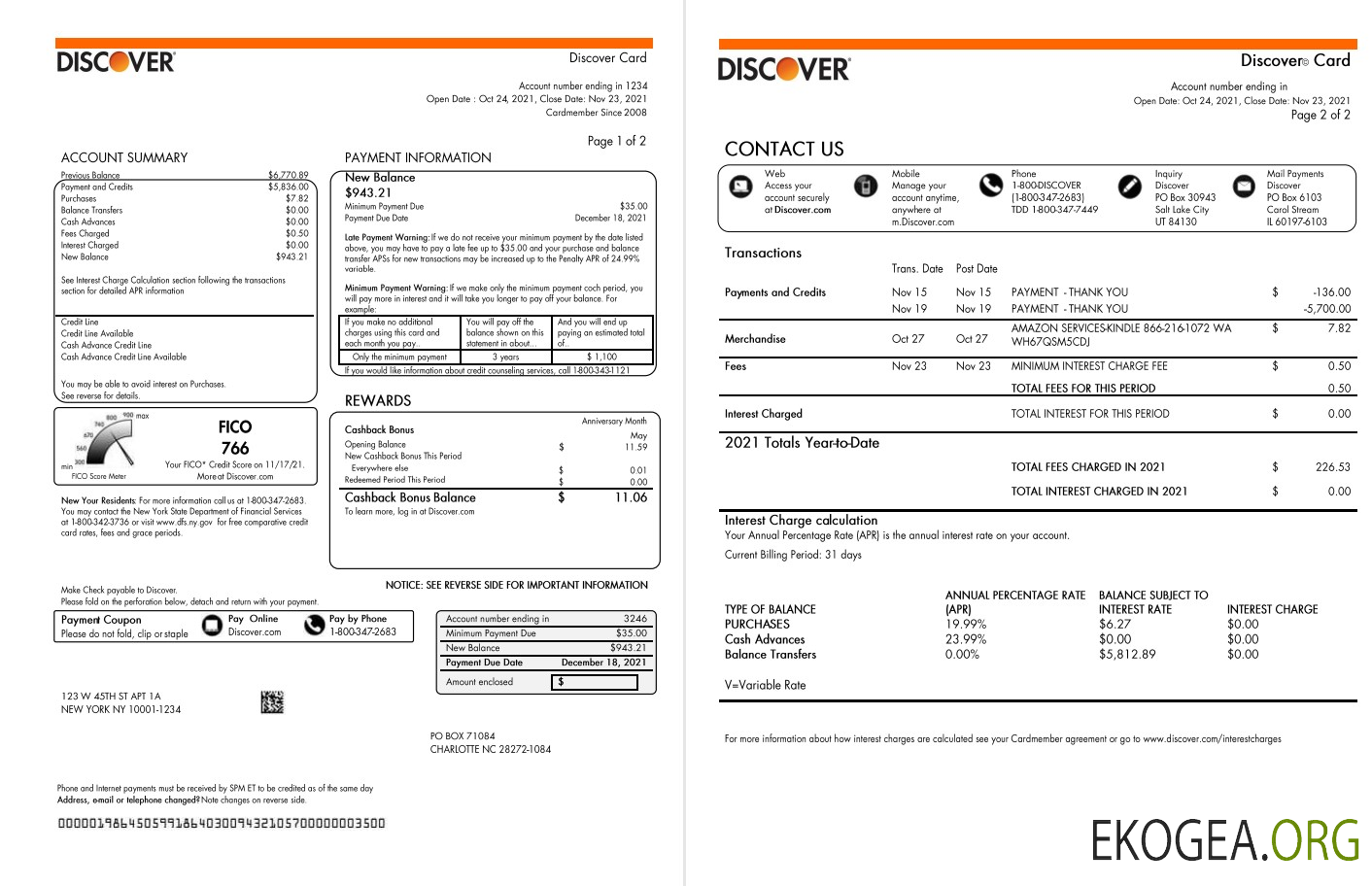 Modèle de relevé de carte de crédit bancaire USA Discover au format Word et PDF (2 pages)